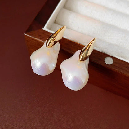 Gold Electroplated Silver Needle Artificial Pearl Earrings