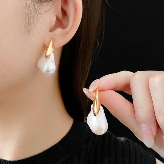 Gold Electroplated Silver Needle Artificial Pearl Earrings