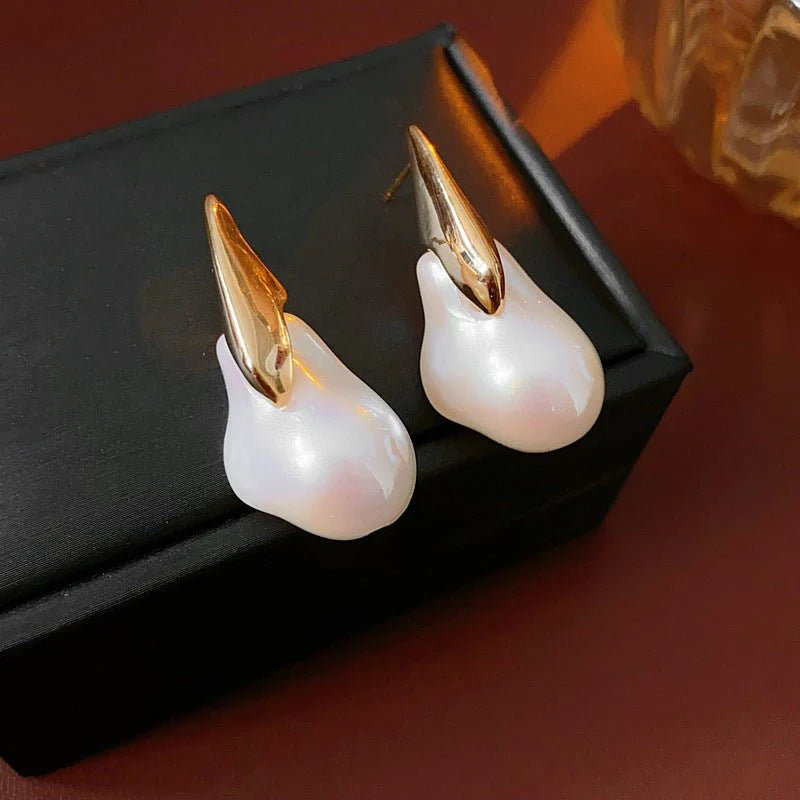 Gold Electroplated Silver Needle Artificial Pearl Earrings
